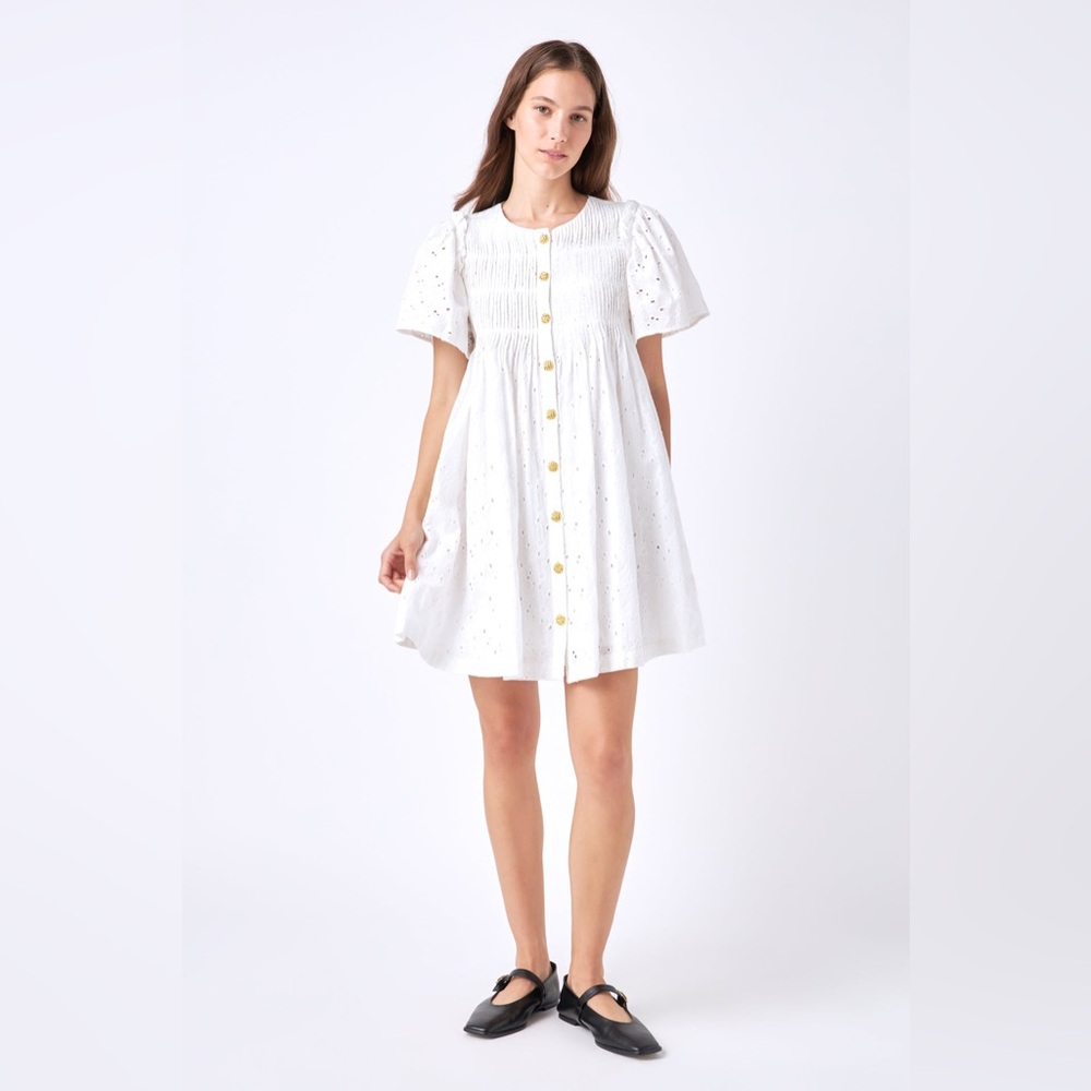English Factory Pleated Eyelet Mini Dress White Gold Buttons Short Sleeve Large